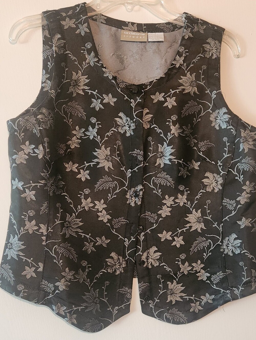 Liz Claiborne Vintage Black Gray Floral Button Down Vest Ladies Size 8 EUC $25